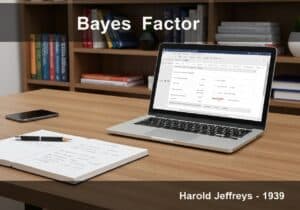 Office workspace with statistical software showing Bayes factor calculations and hypothesis testing notes.