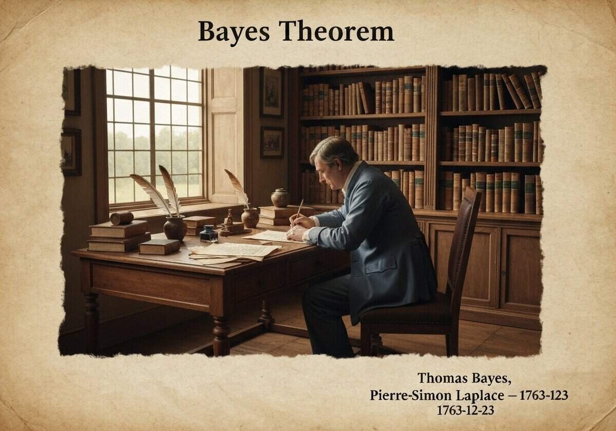 Historical study room with mathematician calculating Bayes' theorem.