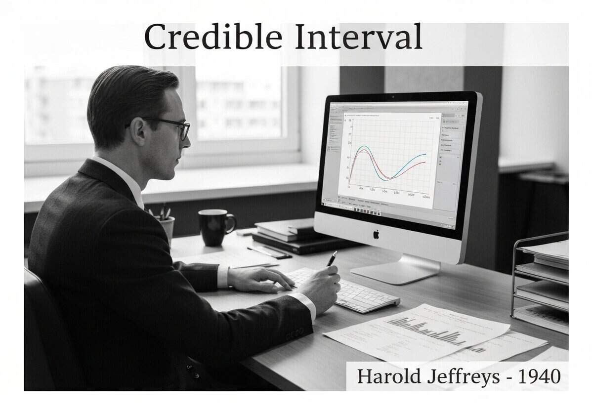 Statistician analyzing Bayesian credible interval data in an office.
