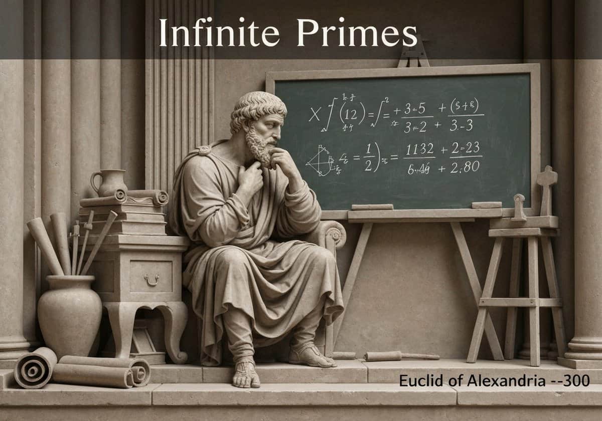 Euclid of Alexandria proving infinite primes in a classical study setting.