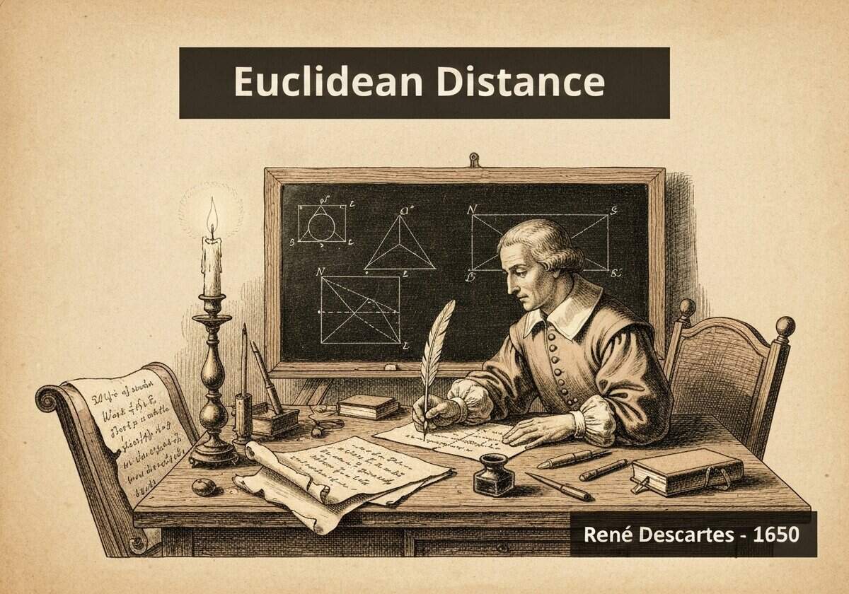 Analytic geometry workspace with Euclidean distance calculations and historical context.