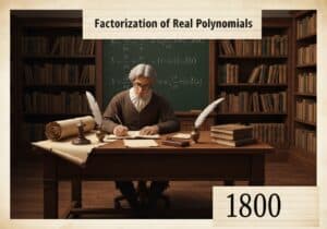 Mathematician working on factorization of real polynomials in a historical classroom.