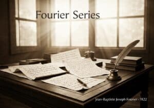 Antique study with Fourier series equations, quill, and compass in a vintage setting.