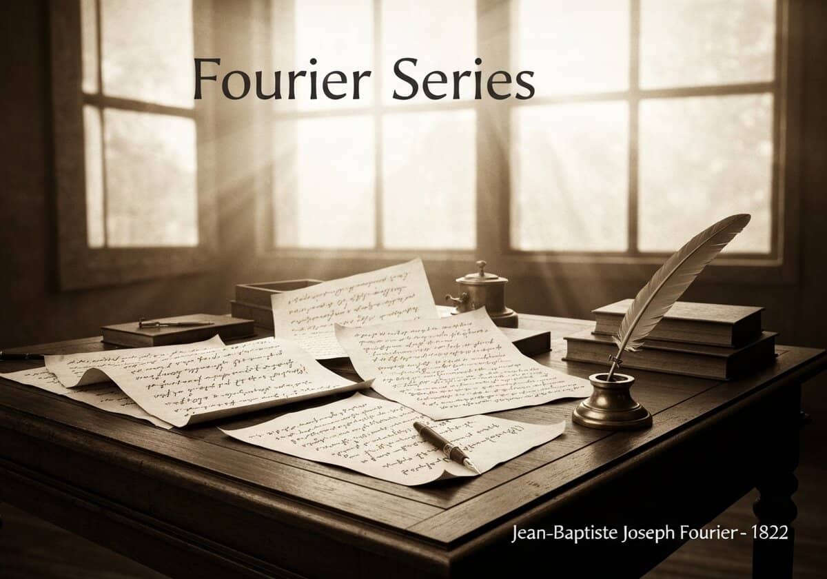 Antikes Arbeitszimmer mit Fourier-Reihen-Gleichungen, Federkiel und Zirkel in einer Vintage-Umgebung.