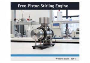 Motor Stirling de pistão livre em um laboratório de engenharia mecânica.