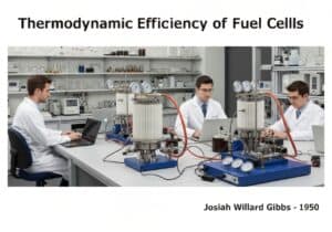 Pesquisa de laboratório sobre a eficiência termodinâmica de células de combustível com cientistas e equipamentos.