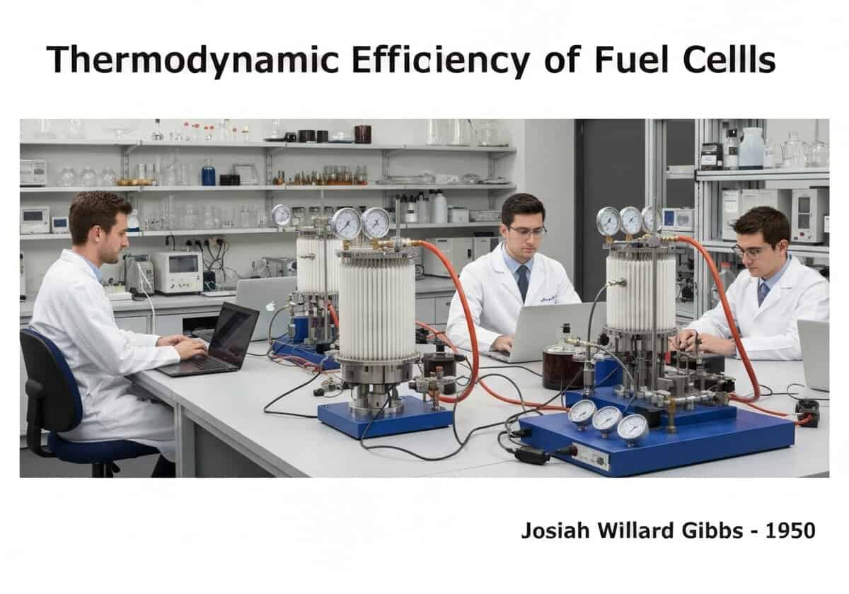 Laborforschung zur thermodynamischen Effizienz von Brennstoffzellen mit Wissenschaftlern und Geräten.