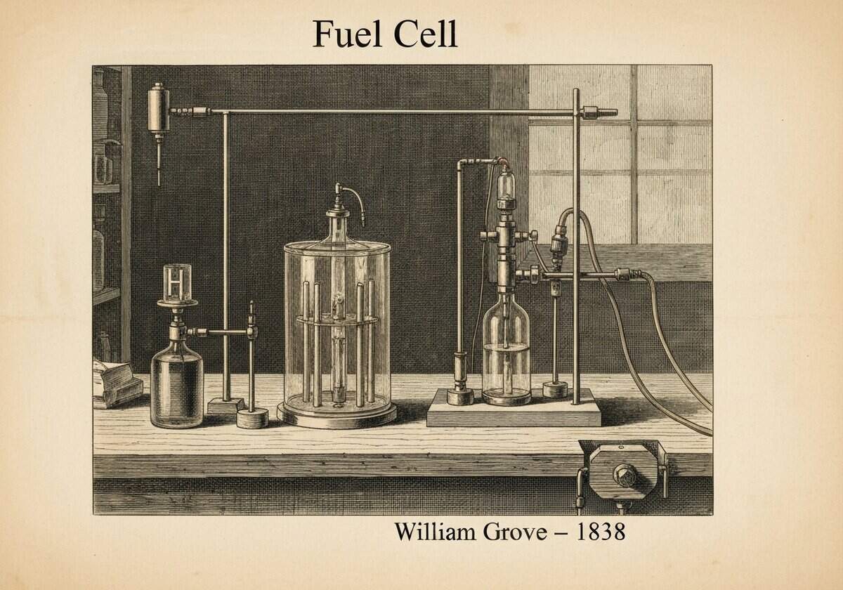 Frühe Brennstoffzellenvorrichtung von William Grove, die elektrochemische Prinzipien in der physikalischen Chemie veranschaulicht.