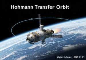 Nave espacial realizando una maniobra de transferencia de Hohmann en astrodinámica.