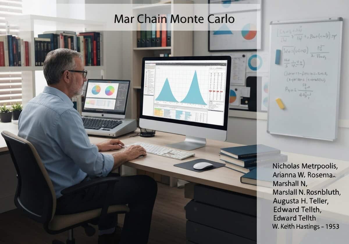 Ricercatore che analizza simulazioni Markov Chain Monte Carlo in un ufficio di analisi statistica.