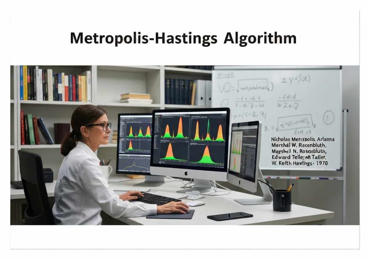 Statistician applying Metropolis-Hastings algorithm in a modern research lab.