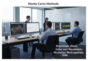 Computational laboratory with researchers performing Monte Carlo simulations in numerical analysis.