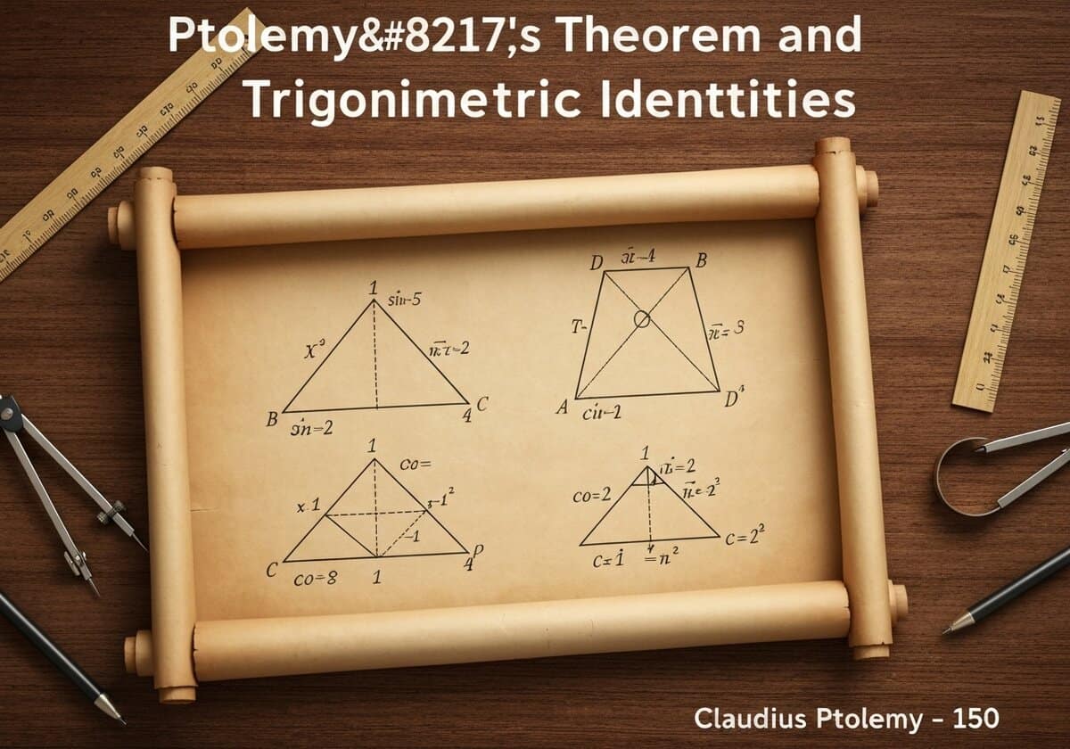 Ancient scroll depicting Ptolemy's Theorem with geometric diagrams for trigonometric identities.