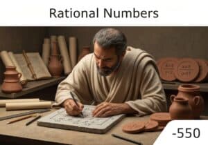 Ancient scholar demonstrating rational numbers on a stone tablet in a historical classroom.