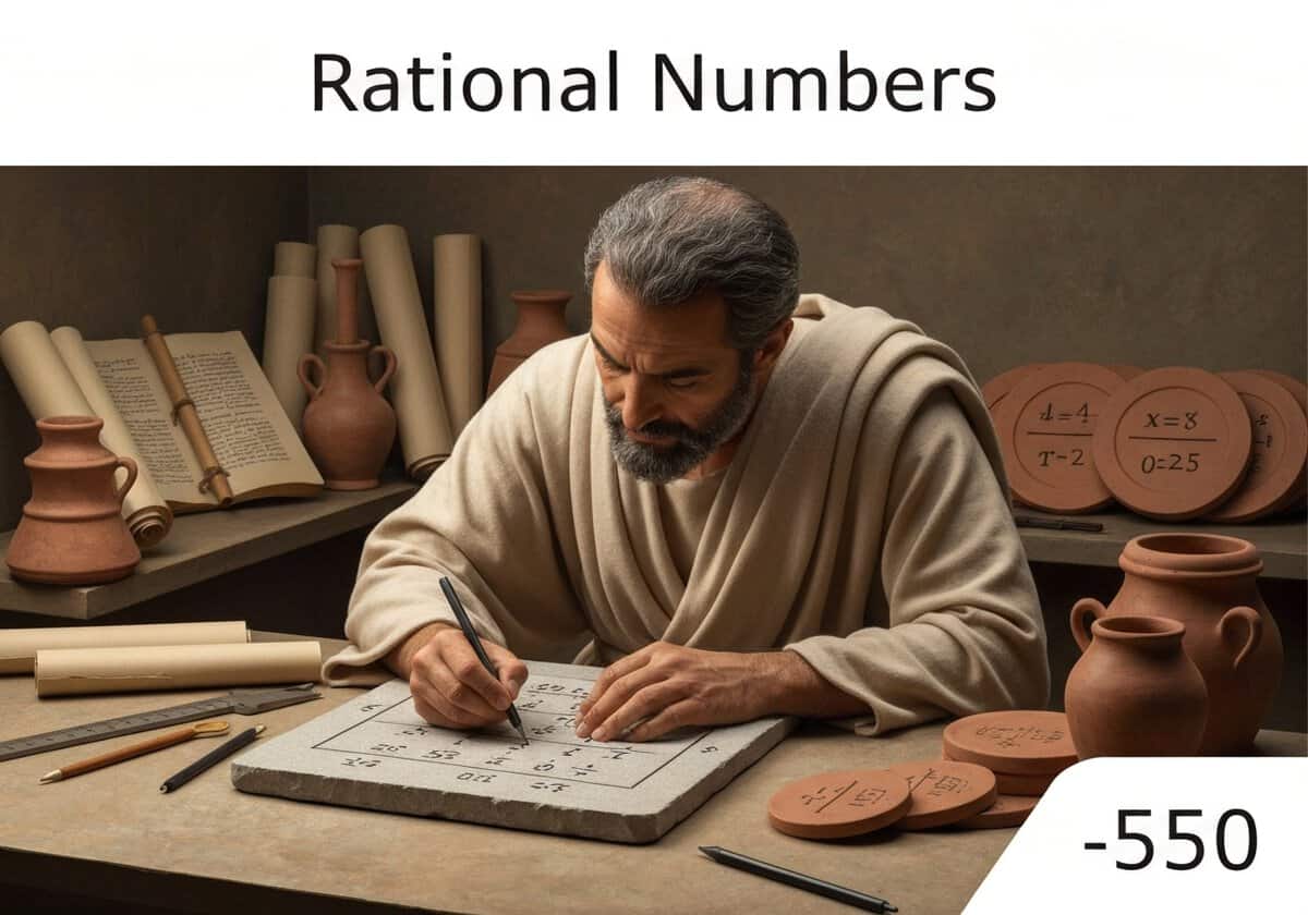 Ancient scholar demonstrating rational numbers on a stone tablet in a historical classroom.