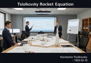 Des ingénieurs aérospatiaux discutent de l'équation de Tsiolkovski pour les fusées dans un bureau moderne.