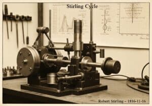 Stirling engine demonstrating thermodynamic principles in a laboratory setting.