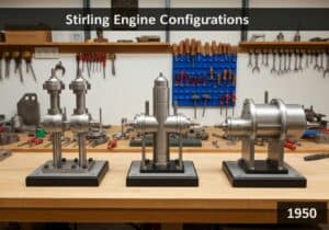 Na engenharia mecânica, existem três configurações de motores Stirling: os tipos Alfa, Beta e Gama.