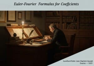 Mathematician calculating Fourier coefficients in a vintage study room.