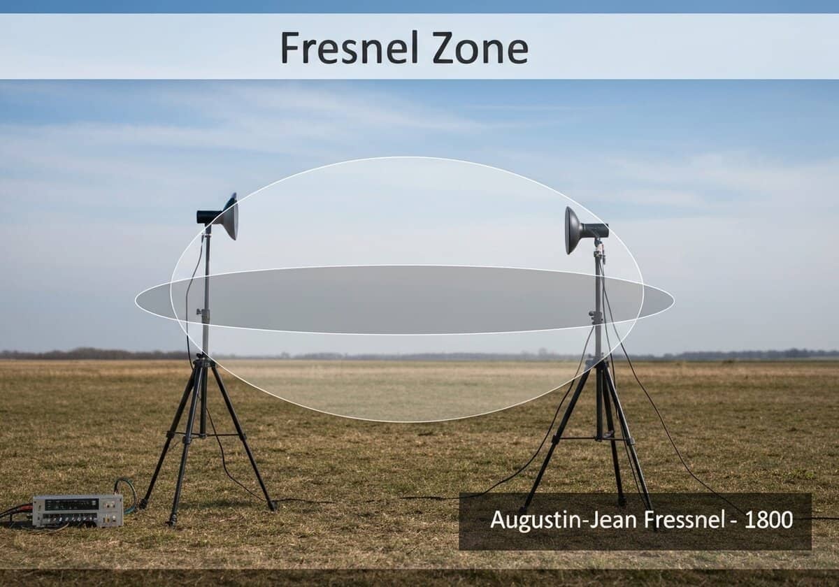 Funkkommunikationssystem mit Fresnel-Zonen für die Analyse der Wellenausbreitung.