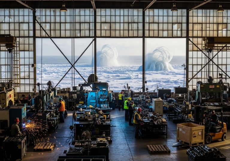 Ice Sculptures Amidst Industry