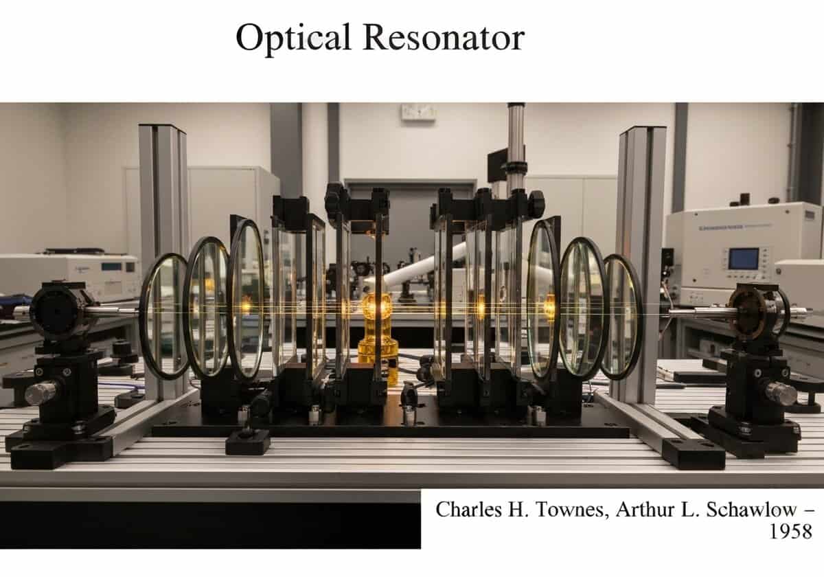 Configuração do ressonador óptico no laboratório de física de laser com espelhos e meio de ganho.