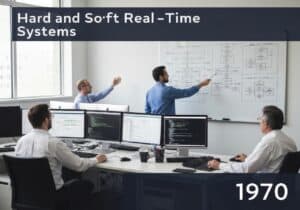 Ingénieurs collaborant sur des systèmes en temps réel (hard et soft) dans un bureau moderne.