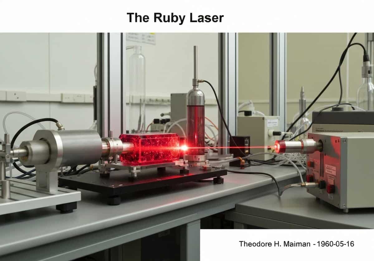 Appareil laser rubis avec cristal de rubis synthétique et tube flash au xénon en laboratoire.
