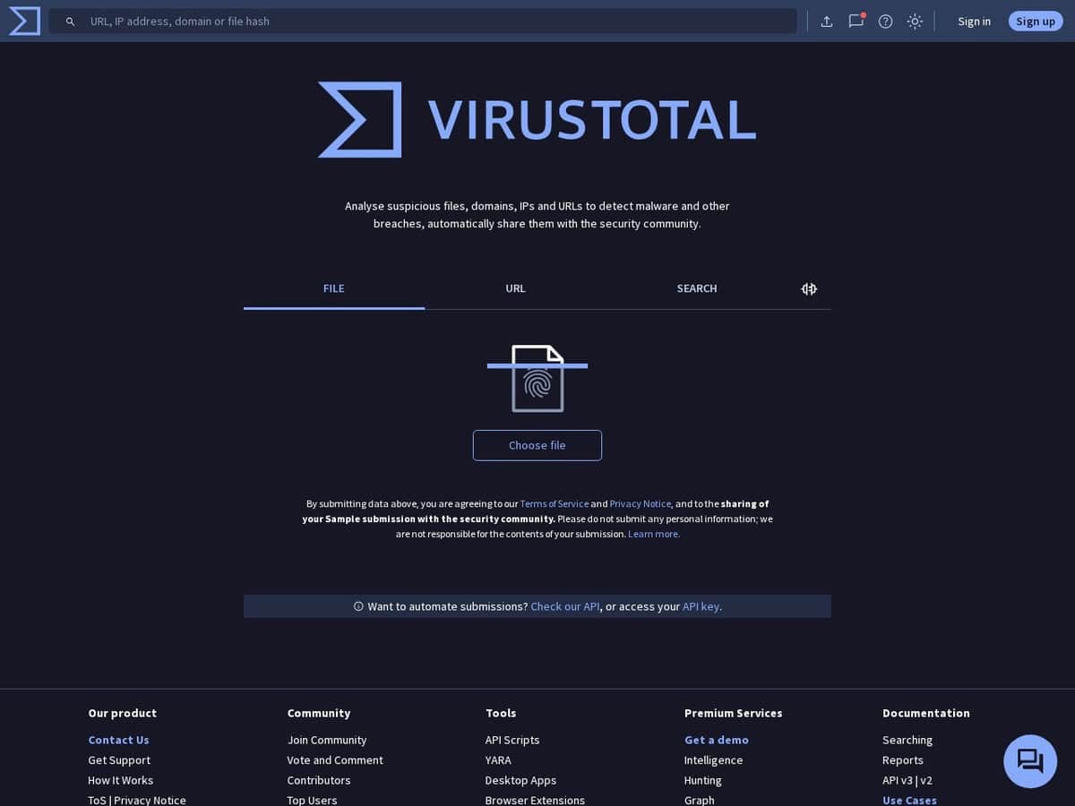VirusTotal ウイルスおよび脅威スキャナー