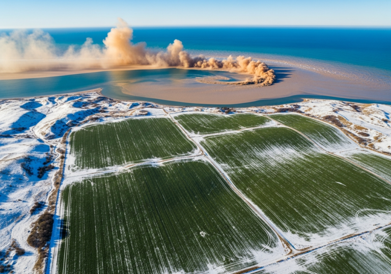 Sediment Swirls Over Farm Fields