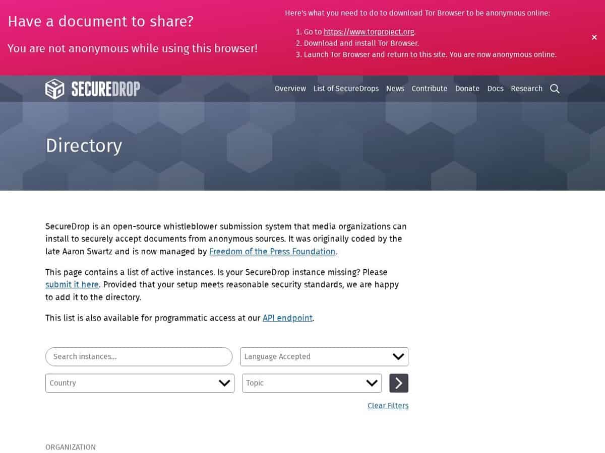 Securedrop-Whistleblower-Verzeichnis