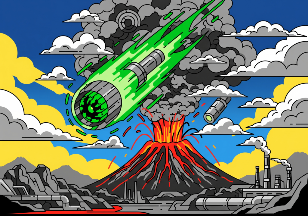 Emerald Meteor Over Erupting Lava