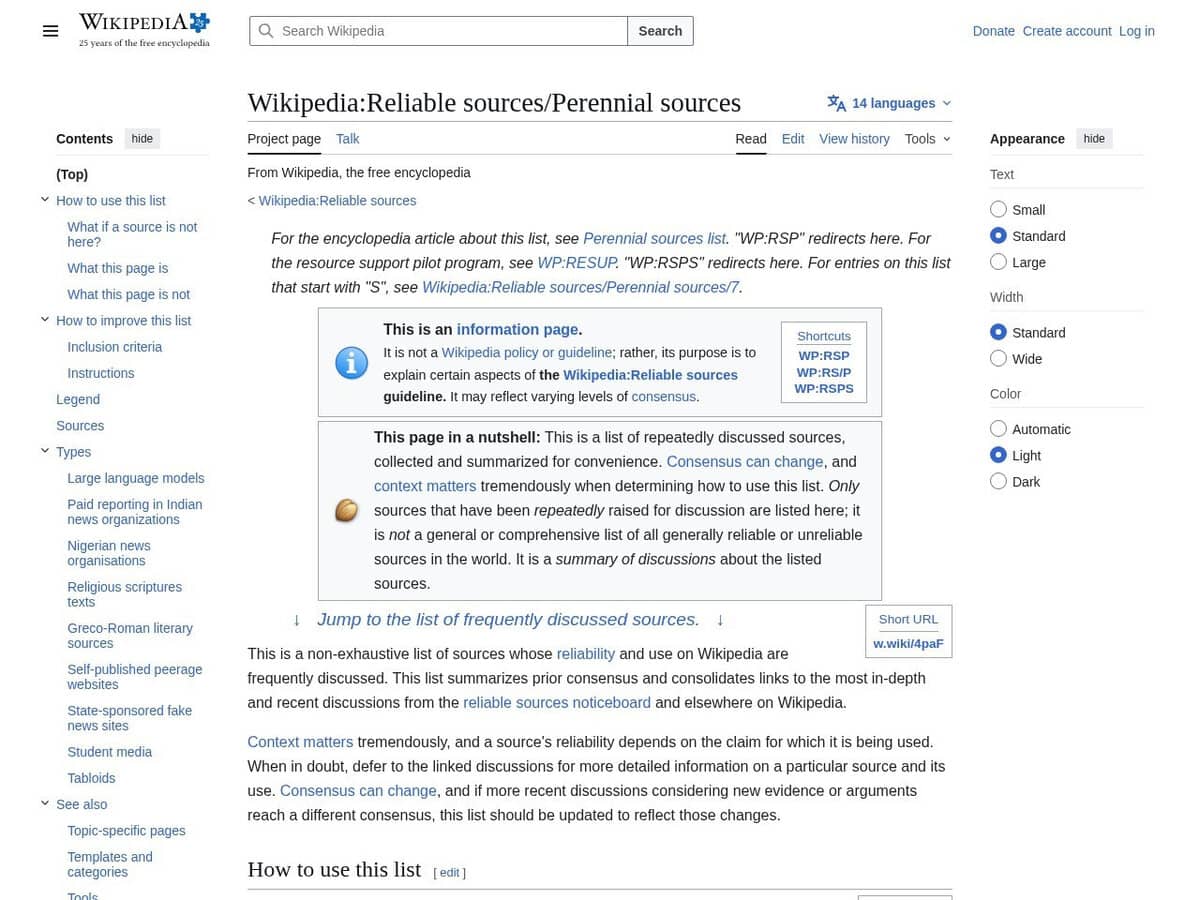 Wikipedia Perennial Sources List (WP:RSP)