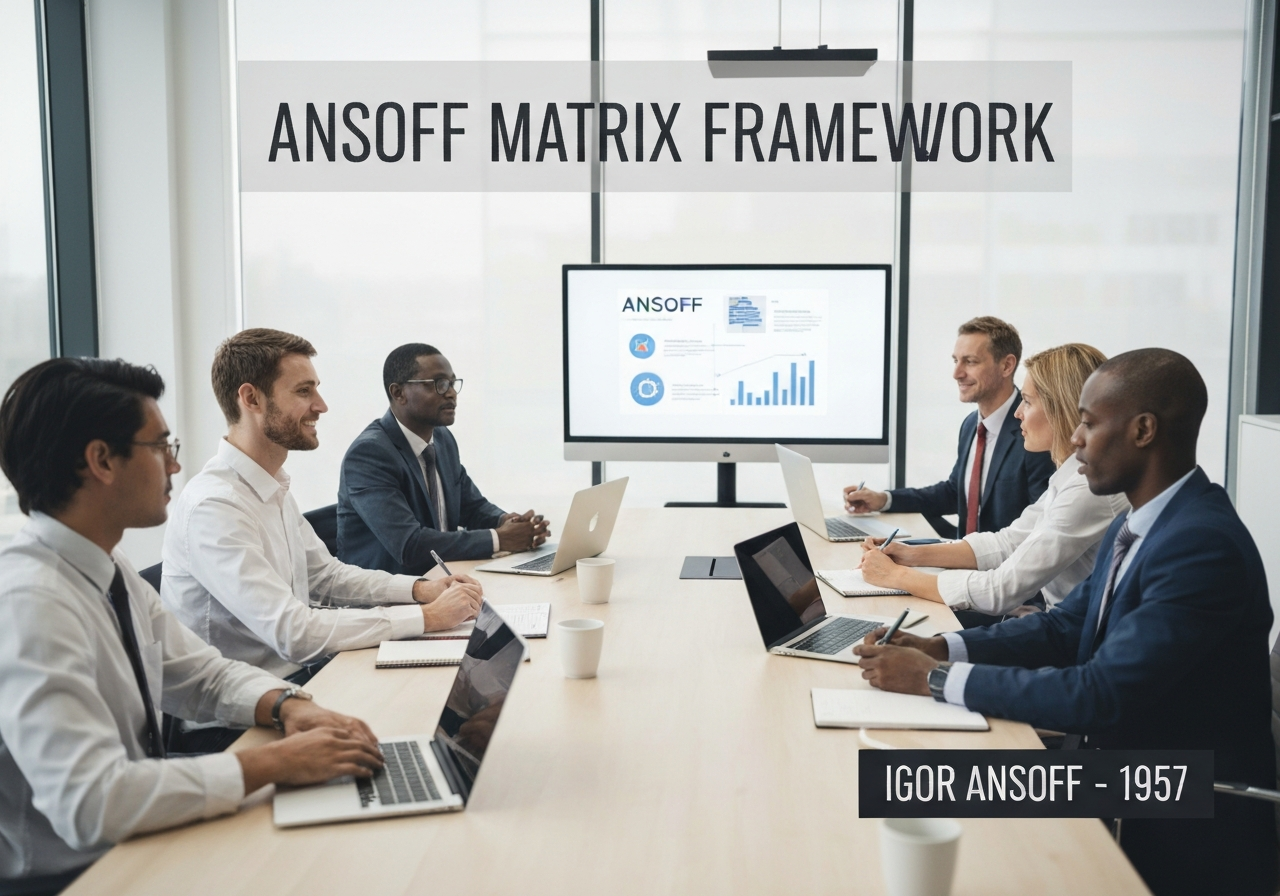 Corporate strategic planning session analyzing Ansoff Matrix for growth strategies.