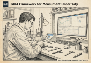Calibration laboratory with technician measuring standard reference material in metrology.