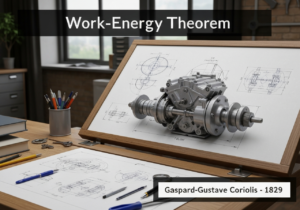 Mechanical engineering workspace illustrating the work-energy theorem application.