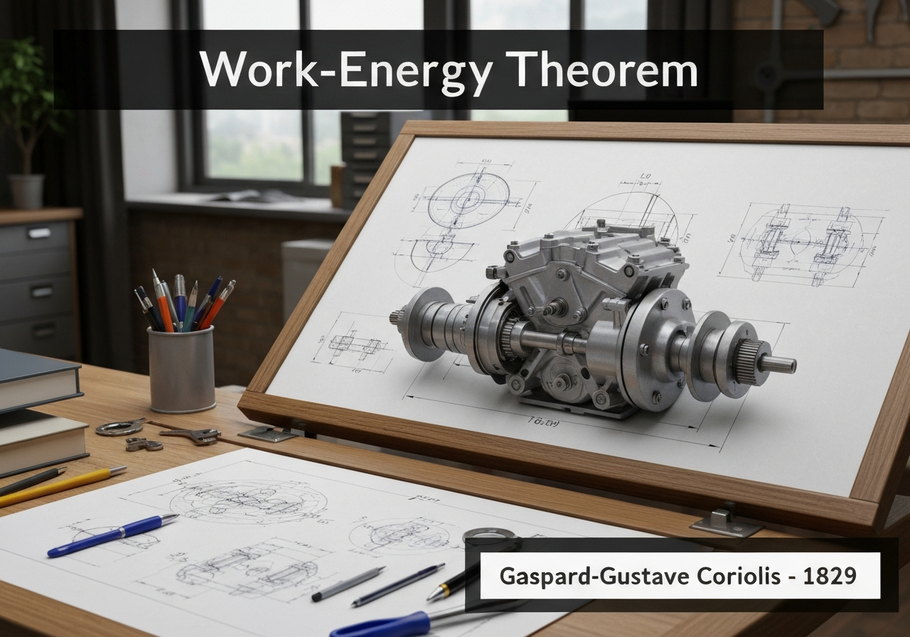 Mechanical engineering workspace illustrating the work-energy theorem application.