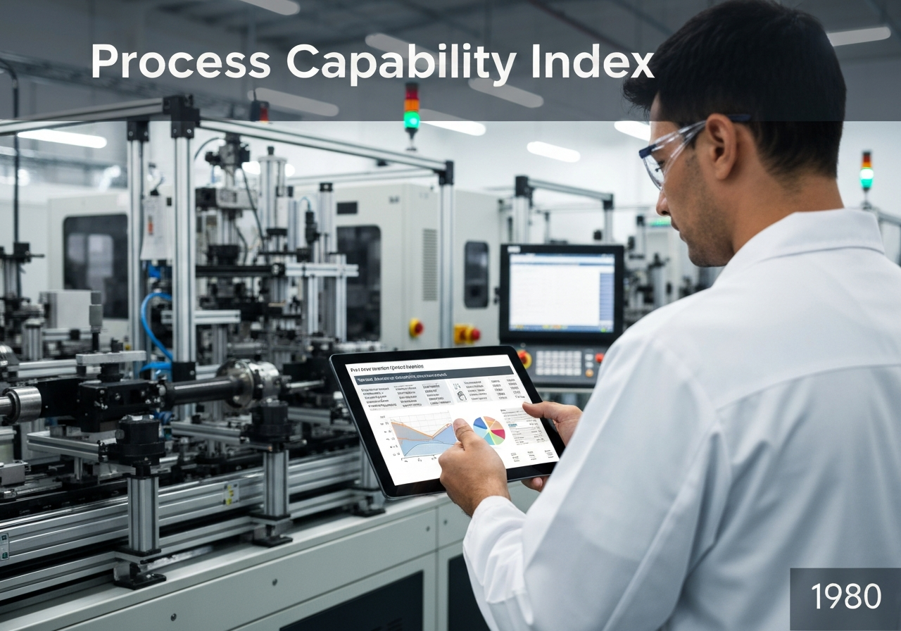 Quality control engineer analyzing process capability index in manufacturing.