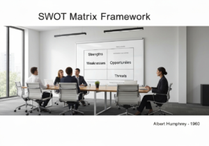 SWOT Matrix Framework in a professional office for strategic planning.