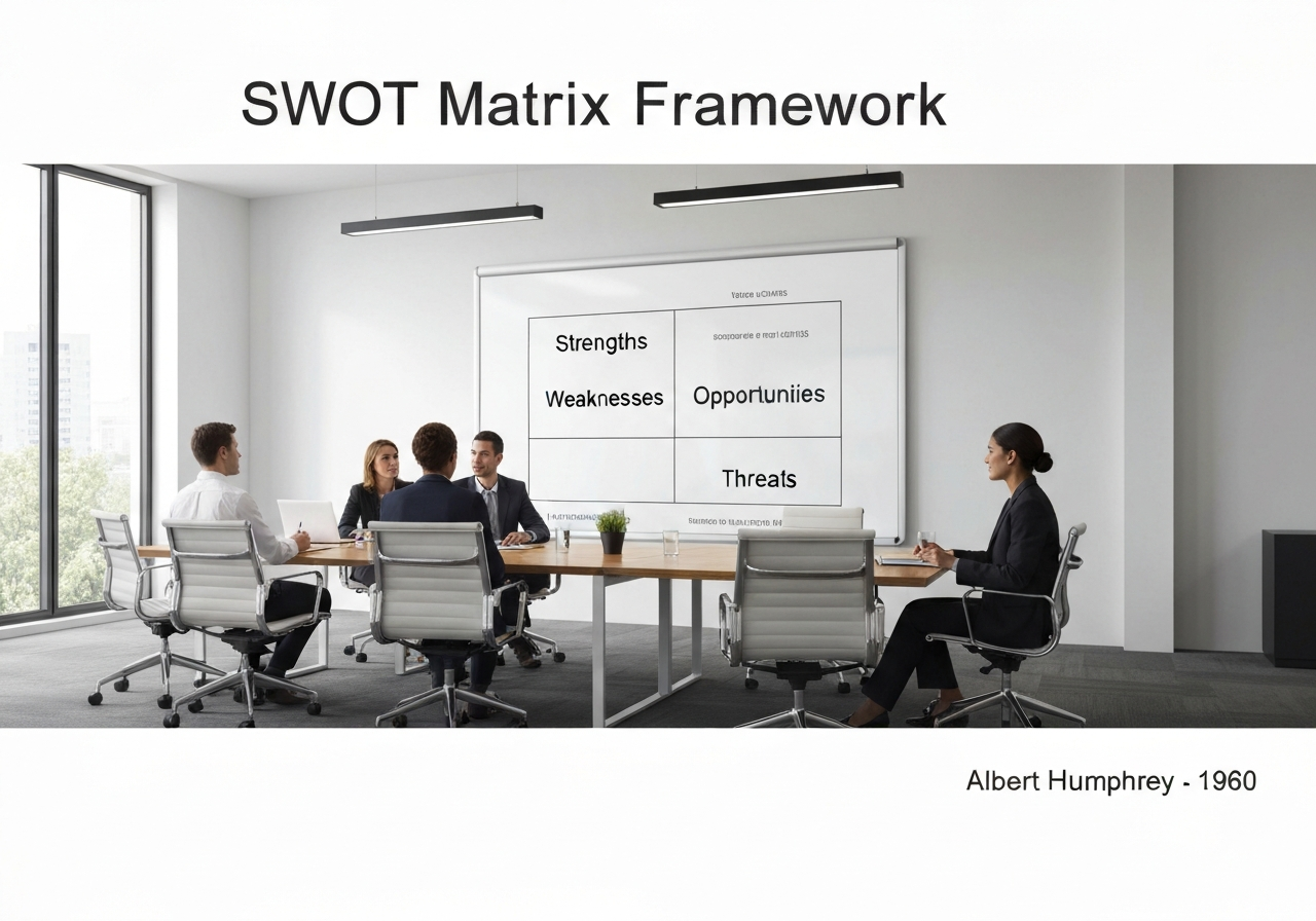 SWOT Matrix Framework in a professional office for strategic planning.