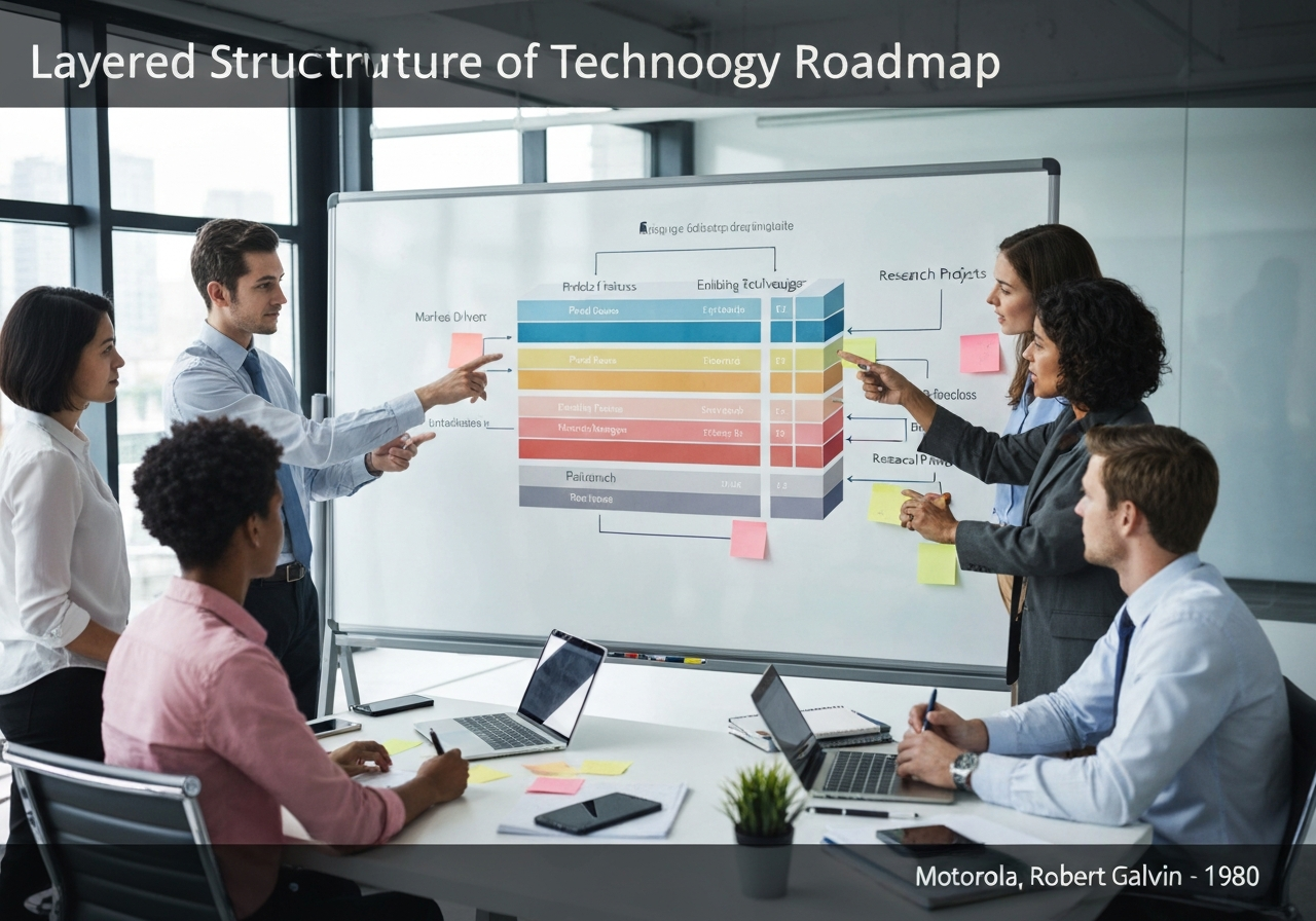 Multi-layered technology roadmap in a collaborative office environment.