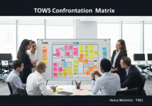 TOWS Confrontation Matrix in a corporate strategy meeting for management analysis.